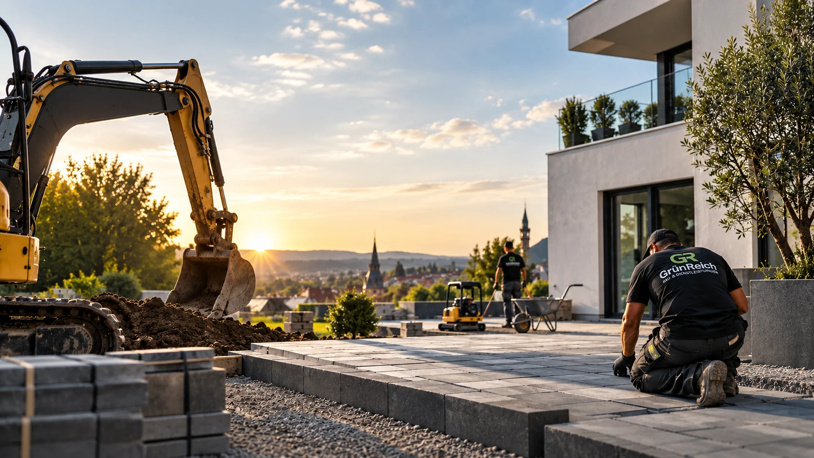 Excavator and paving works on an outdoor project in Ulm at sunset