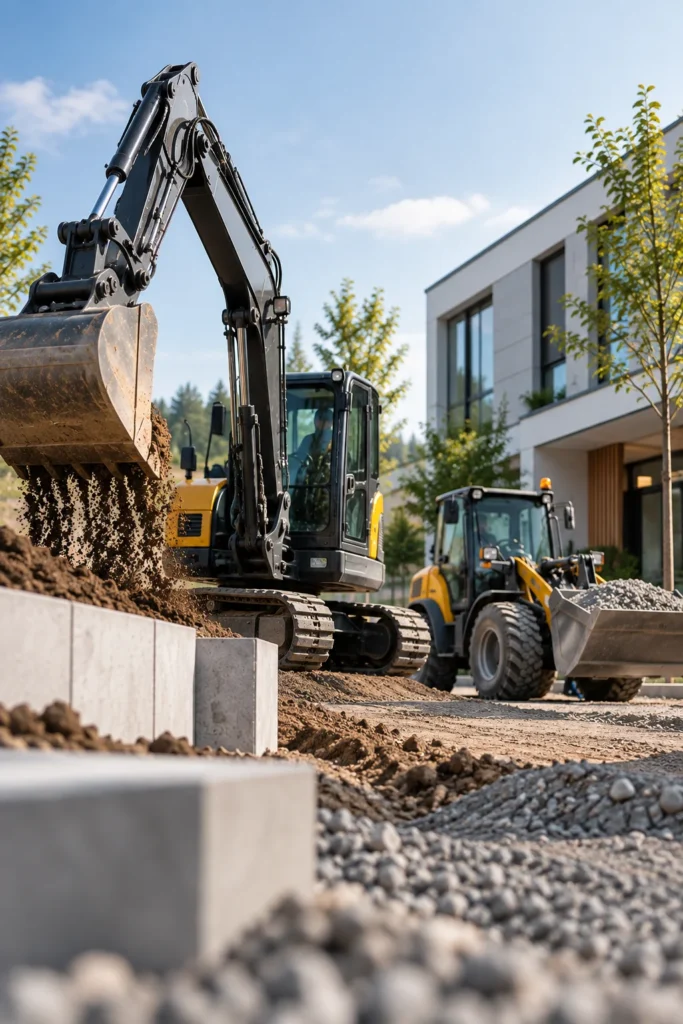 Modern excavator and wheel loader by GrünReich handling gravel and kerbstones