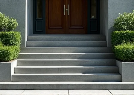 New entrance stairs made of large block steps with box hedges in front of a front door