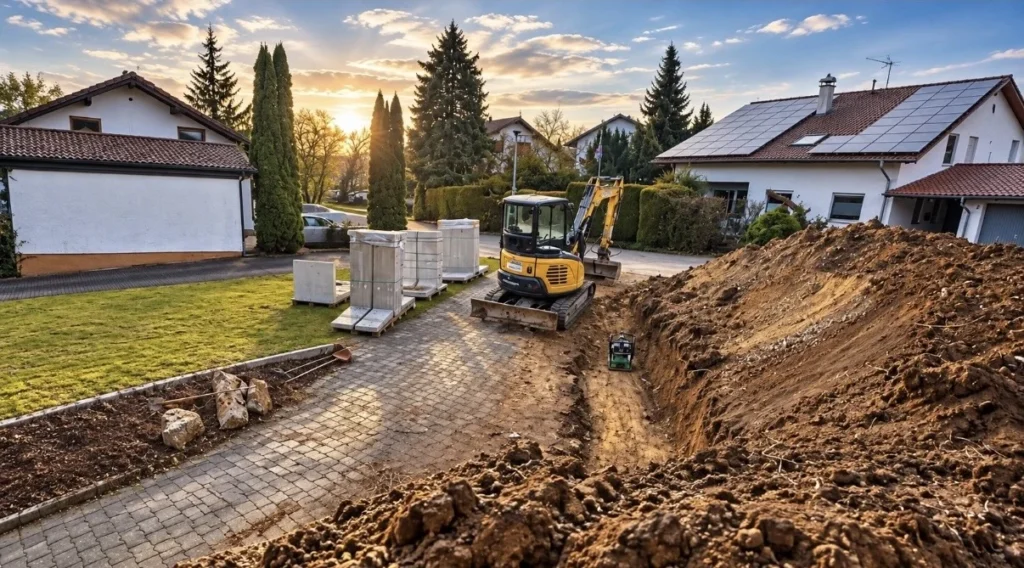 Earthworks with a mini excavator: excavation and site preparation for a new outdoor area in Ulm