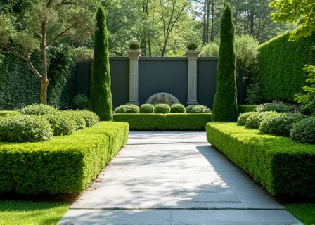 Well-kept garden with shaped hedges, box balls and a light paved path