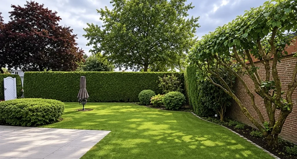 Well-kept garden with lush lawn, shaped hedges and a paved terrace