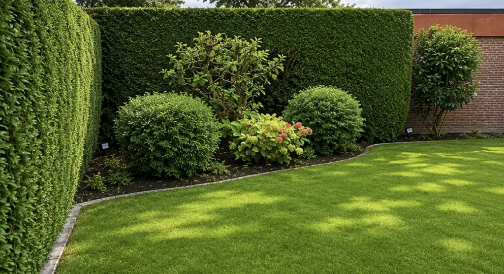 Freshly trimmed hedges, shrub balls and a neat bed with lawn edging