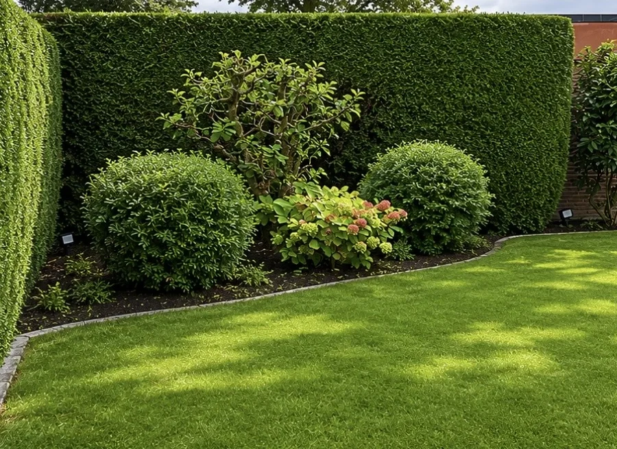 Freshly trimmed hedges, shrub balls and a neat bed with lawn edging