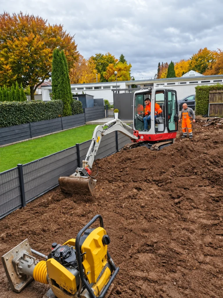 Mini excavator and plate compactor during preparatory earthworks for landscaping