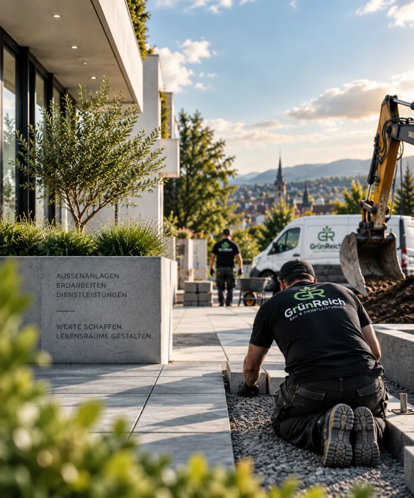 GrünReich specialist laying paving stones in front of a modern house in Neu-Ulm with an excavator behind