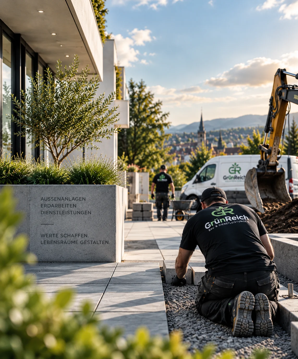 GrünReich specialist laying paving stones in front of a modern house in Neu-Ulm with an excavator behind