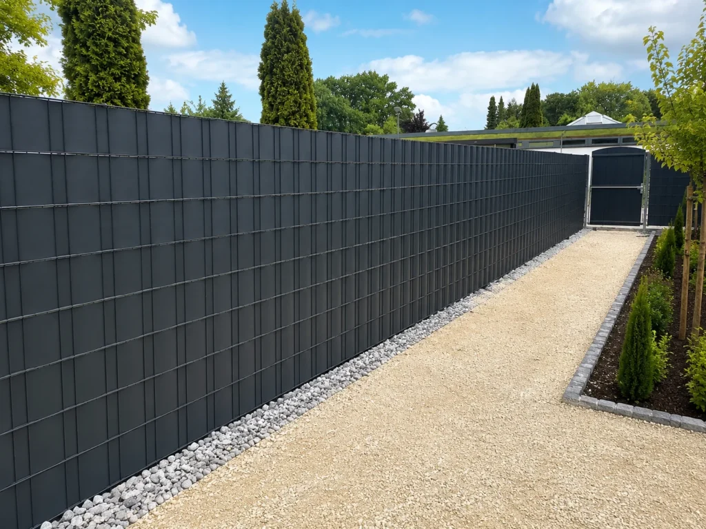 Anthracite double bar mesh privacy fence with gate, gravel path and newly planted bed