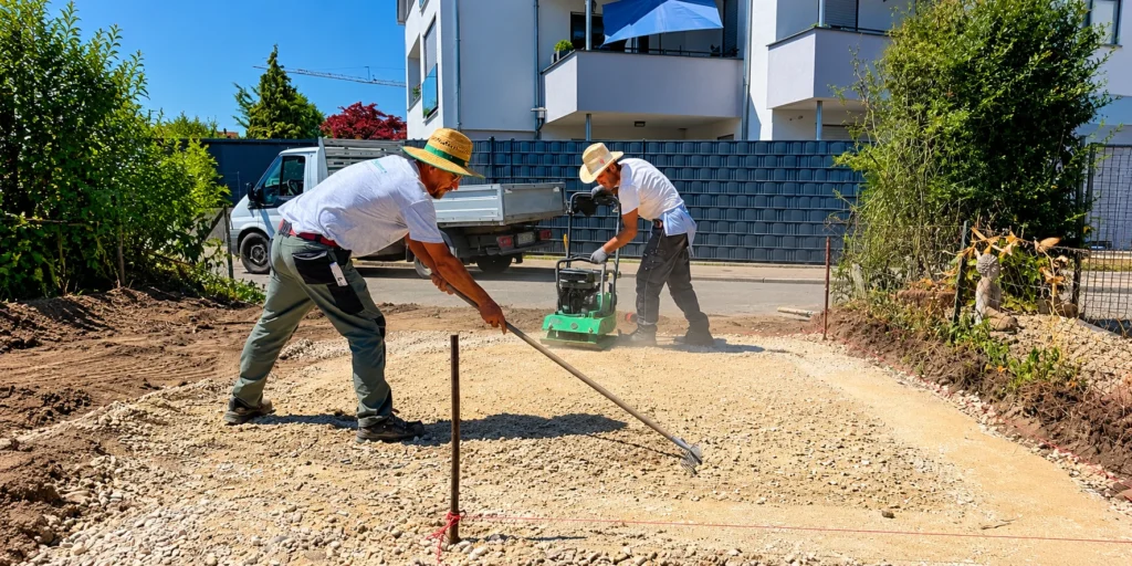 GrünReich team levelling the sub-base for a new paved area